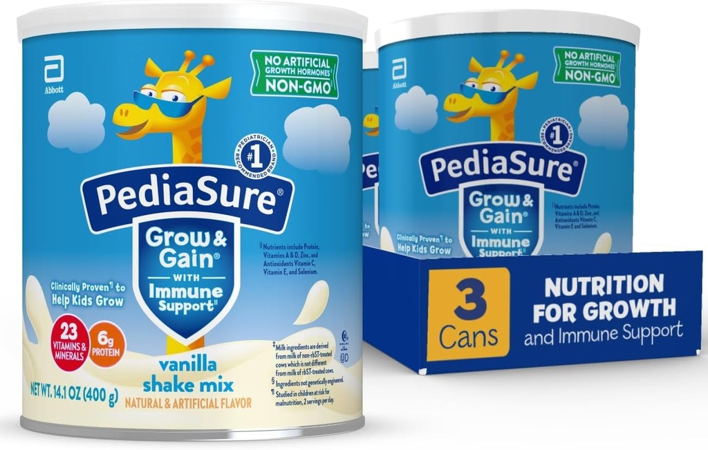 PediaSure Grow & Gain with Imune Support Shake Mix Powder, 23 Vitamins & Minerals, 6g蛋白, 非GMO, Gluten - Free, Vanilla, 14.1 oz Can, 包 3-24 服务