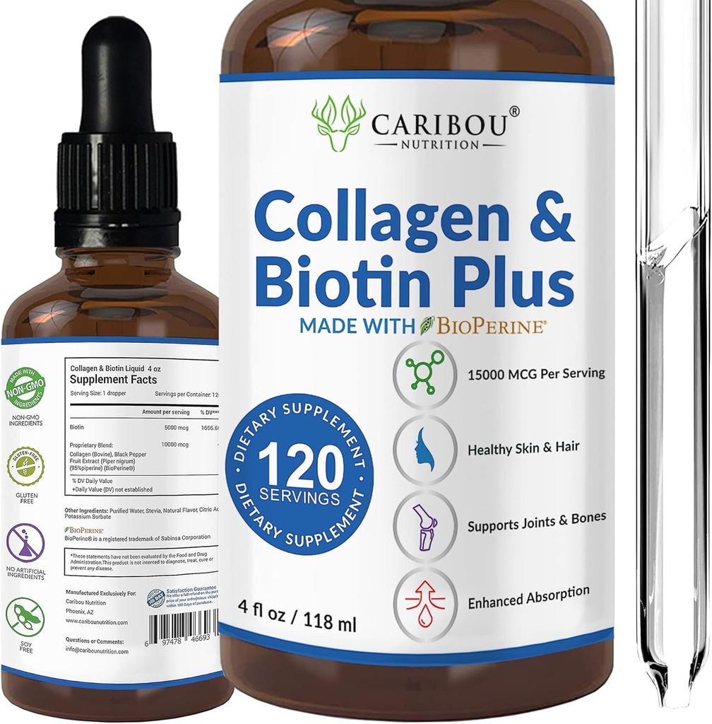液态Collagen和液态生物素,加固吸收生物素 - 10000mcg 液态生物素 & 5000mcg 液态生物素 - 液态生物素 女性 - 4个月供应生物素和液态生物素补充剂