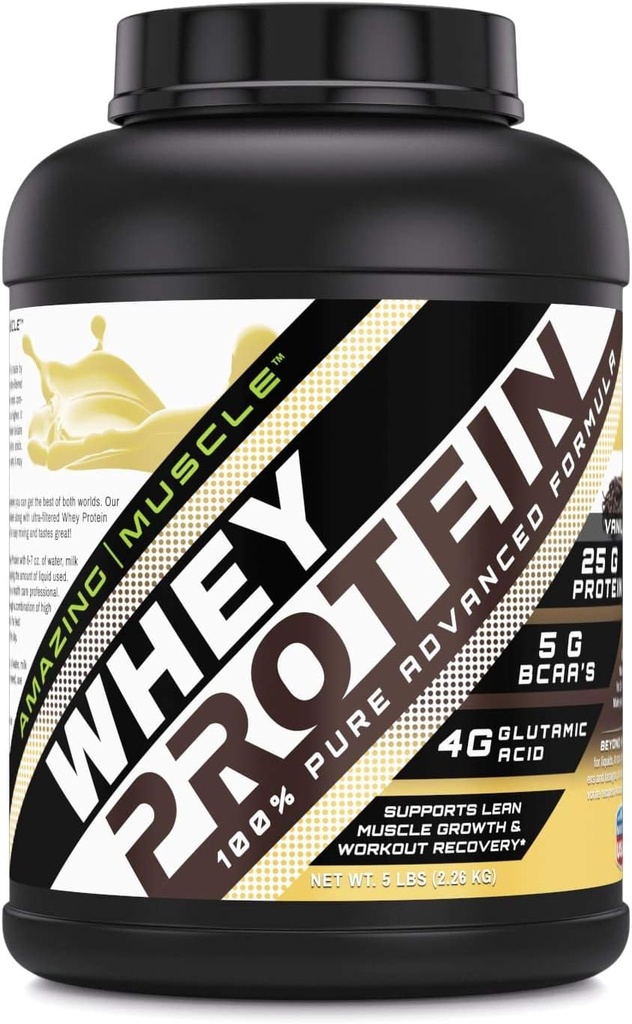 (原始内容存档于2018-03-21) (英语). Amazing Muscle Whey 蛋白质隔离和集中粉末 香草Flavor 25 G 蛋白质 / service + 70 services → Non-GMO → Gluten-free → 制造于美国