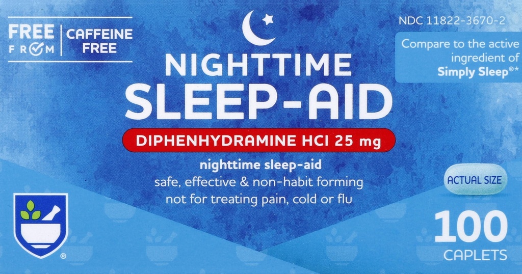 Rite Aid Nighttime Sleep Aid Diphenhydolamine HCI 25 mg, 100 Mini Caplets QQ非海比特形成睡眠补充 QQ Insomonia最佳睡眠援助 QQ 失眠和焦虑救济项目 自然睡眠援助