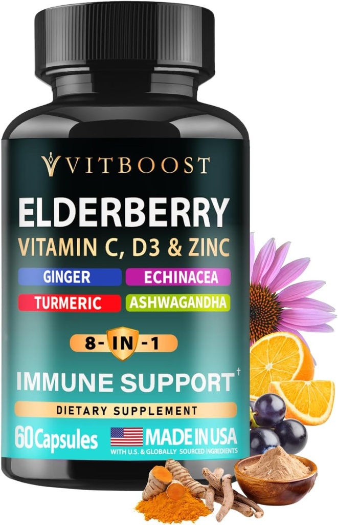 老年莓支持补编 8-in-1 配有 Echinacea、维生素C和锌、维生素D 5000 IU、Turmeric、Ginger、Ashwagandha – 60 Capsules