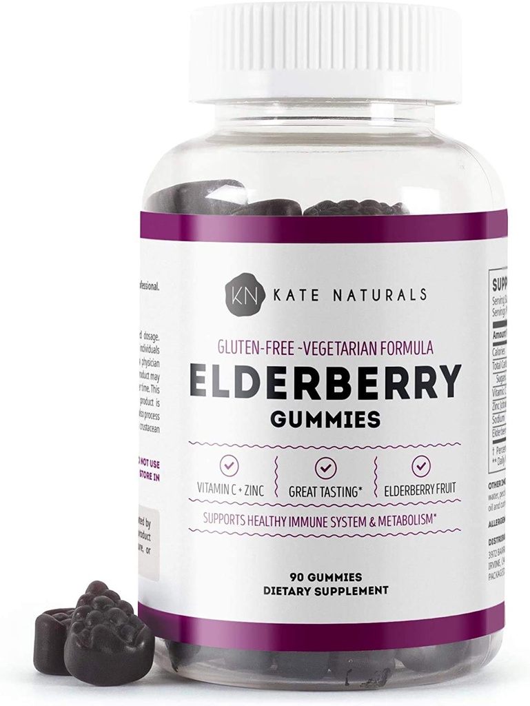 Kate Naturals Elderberry Gummys 配有维生素C和锌的成人与儿童. 支持免疫的美味桑布库斯草莓(90份,45天供应)