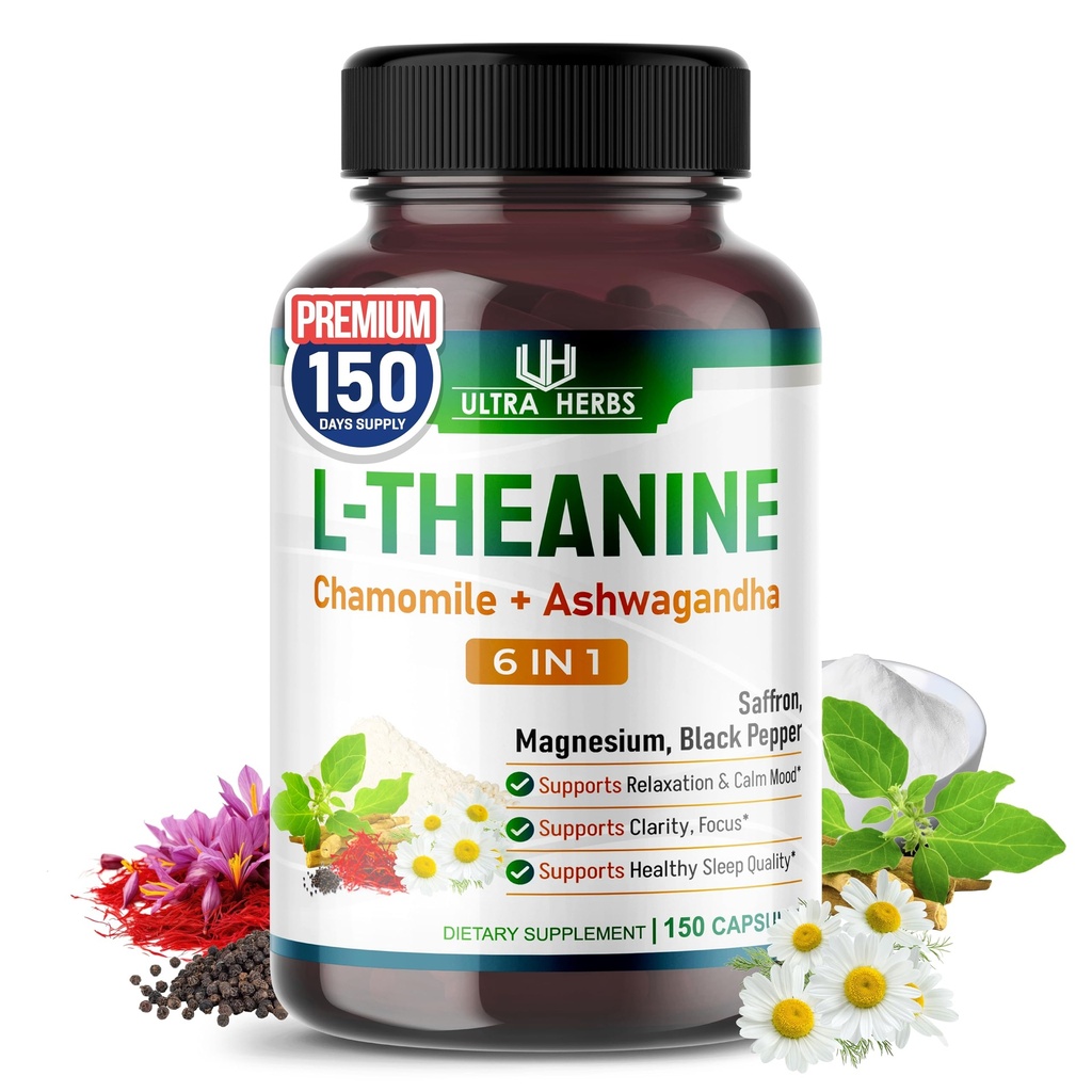 L-Theanine补编 - 6 in 1 配有镁、Ashwagandha、Saffron、Chamomile-支持放松、冷静和睡眠质量的复合体 - 150卡普尔