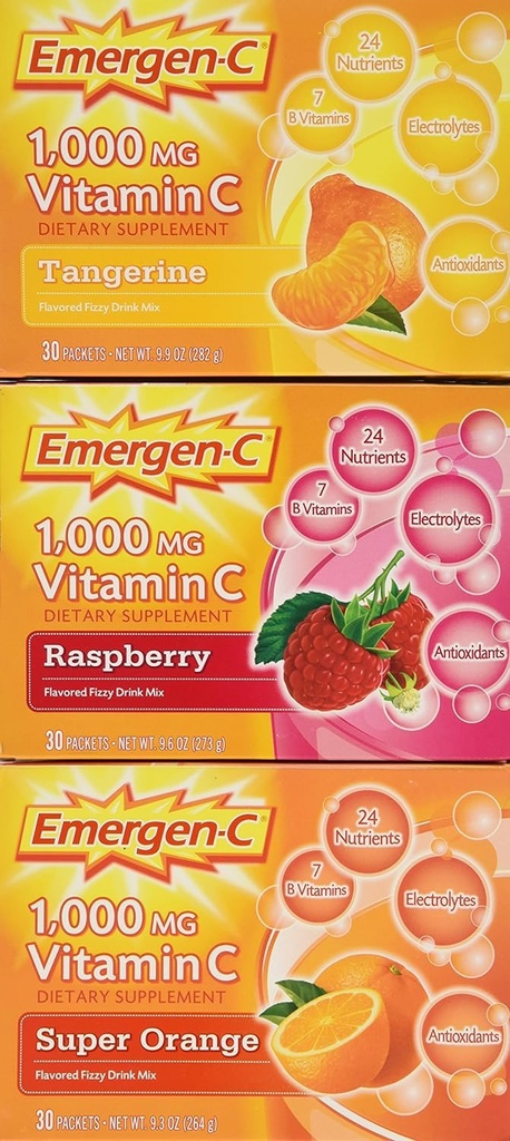 Emergen-C 1000 mg Vitamin C 食物补充剂 Drink Mix, Super Orange/Raspberry/Trotic, 90 Packets, Net Wt 28.5 oz.