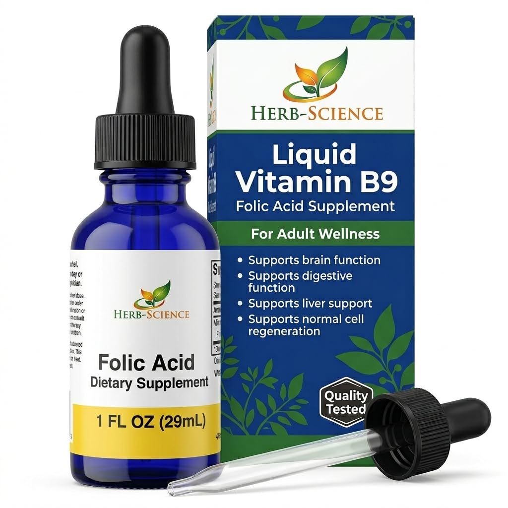 液体维生素B9 叶酸补充剂 - 用于大脑和消化功能的VIT B Drops, 肝脏支持 - 不含葡萄糖,非GMO, Vegan - 成人营养补充剂 - 1 f. oz.