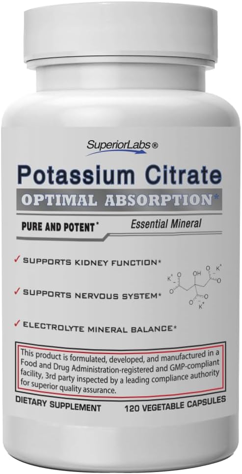 高级实验室 Potassium Citrate 100 mg,纯非GMO电解质矿物,无添加物,肾结石和pH支持,肌肉硬化,心脏和神经功能,Alkalizing平衡,120 Veg Caps