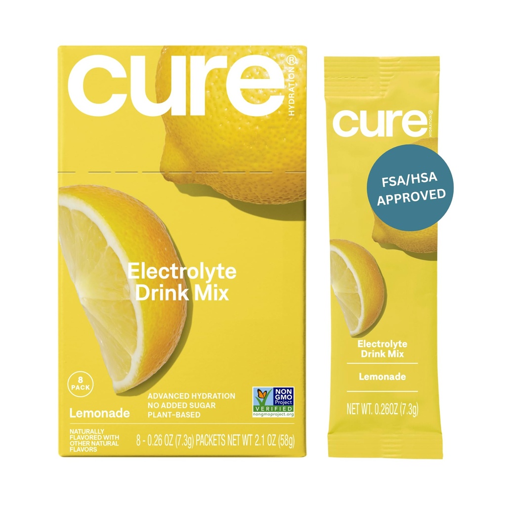 醋水(Cure Hydrition QQ) 植物用电解质 饮料 混合物 没有添加的糖 | 脱水救济剂 用椰子水制成的 | Non-GMO | Vegan | 8包装箱 - 柠檬水