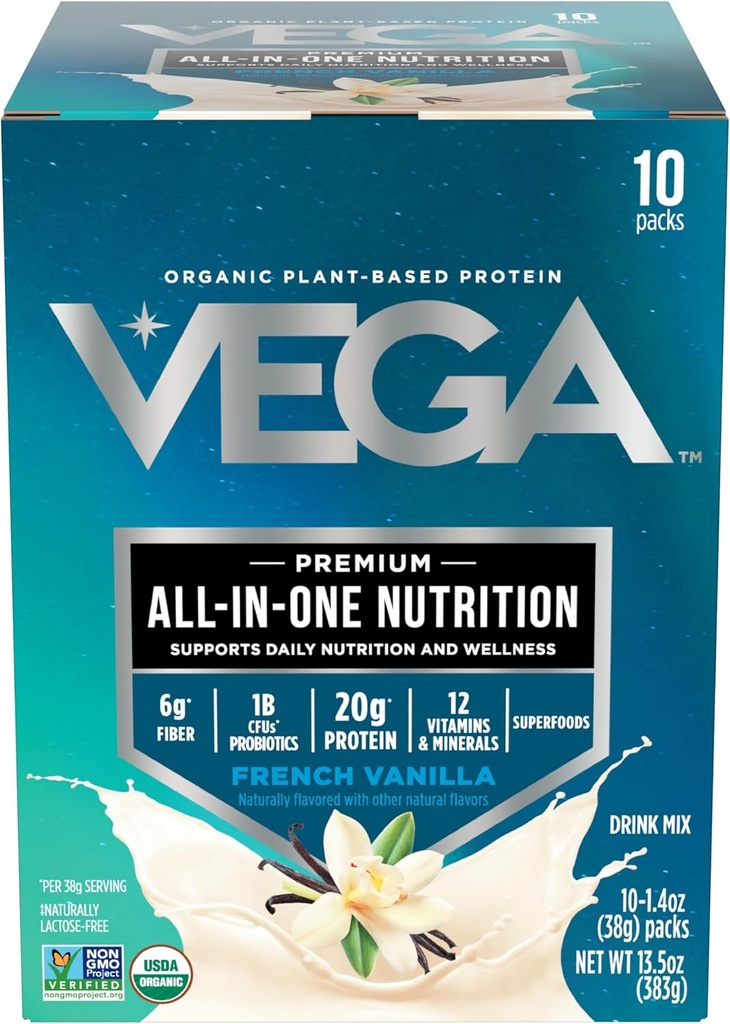 Vega On-in-One Vegan蛋白粉,法国香草 - 超级食品原料,维他命支持,Keto友好, Pea Protein for Men & Men, 13.5 oz (Package May Vary)