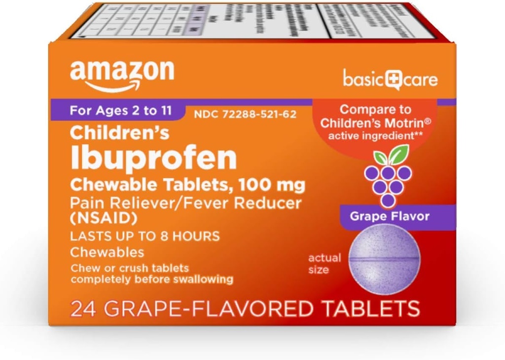 基本护理儿童Ibuprofen Chewwable 片100毫克、葡萄火焰、止痛剂和减少发烧剂(NSAID),用于喉痛、牙痛、头痛和更多,24个计数