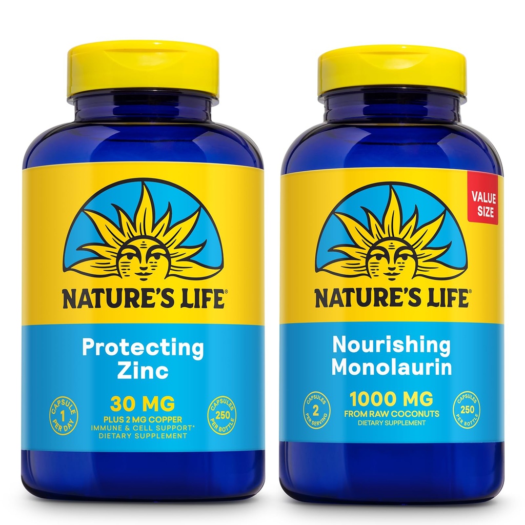 自然生活 努里兴·莫诺拉乌林 1000mg 250ct 保护锌 30mg 250ct 保护锌 30mg 250ct - Gut 健康与免疫支持 补充 - 来自Raw Coconuts的莫诺拉乌林,Chelated Zinc - 60日保障
