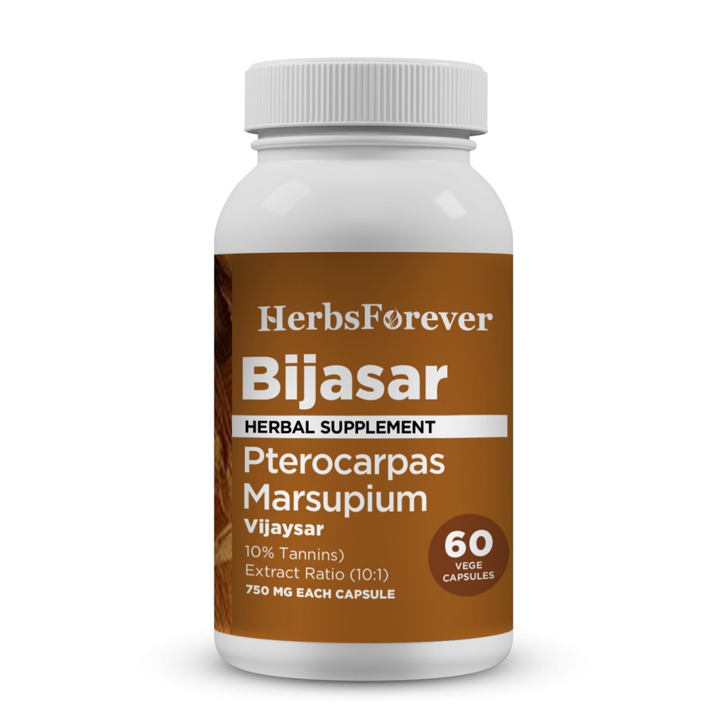 HerbsForever Bijasar(印度Kino树,Malabar Kino)- Extra 力量(10:1) 摘录,Equiv.to 4800mg Bark 粉末 服务者-liver 支持和排毒血糖和纯度 10% 坦宁斯|60 Veg Capsules|800mg