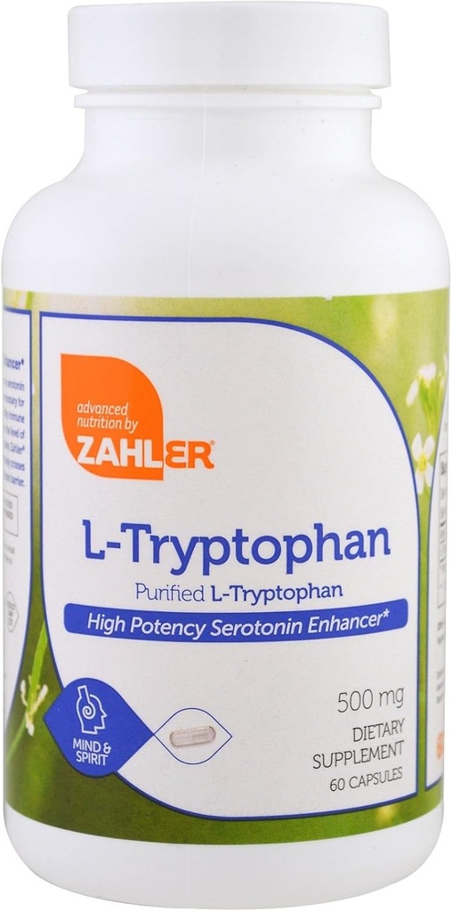 Zahler L-Tryptophan 500mg - 纯化L Tryptophan 补充剂 - 血清素和平衡摩德支持的高概率氨酸 - 蔬菜友好型、科舍尔型、非GMO型和Gluten型自由型(60卡普勒斯)