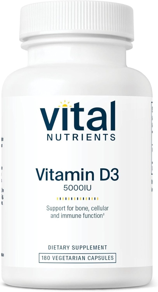 重要营养素 维生素 D 5000 IU → 维生素 D3 补充 → 健康骨骼,牙齿,肌肉 → 细胞和免疫功能 → 钙吸收 → Gluten,乳品和Soy Free → 180 Capsules