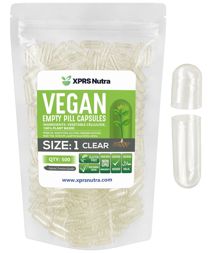 XPRS Nutra 大小 1 空盖 - 500 个清空 Vegan Capsules - 蔬菜药丸 - DIY 蔬菜药丸 填充 - Veggie Pill Caps for Do- It- yourself suppers