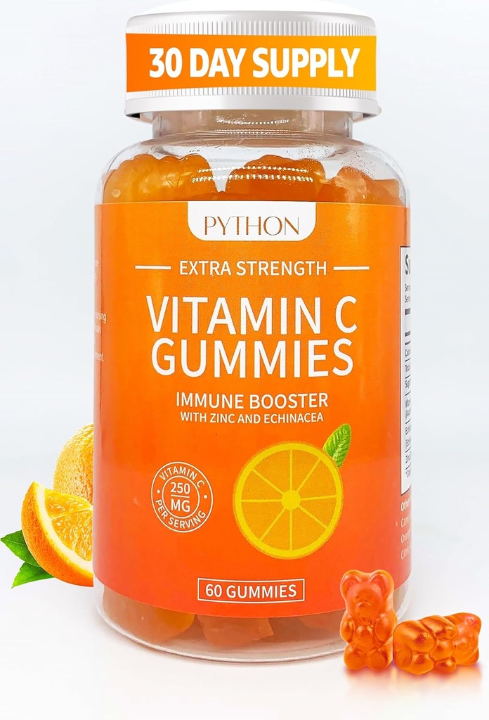 Python Vitamin C + Echinacea 豁免和肺健康补充剂,支持凝胶生产、皮肤水分、豁免和健康,60名Vegen Gummy Chews 成人和孩子-1个月供应
