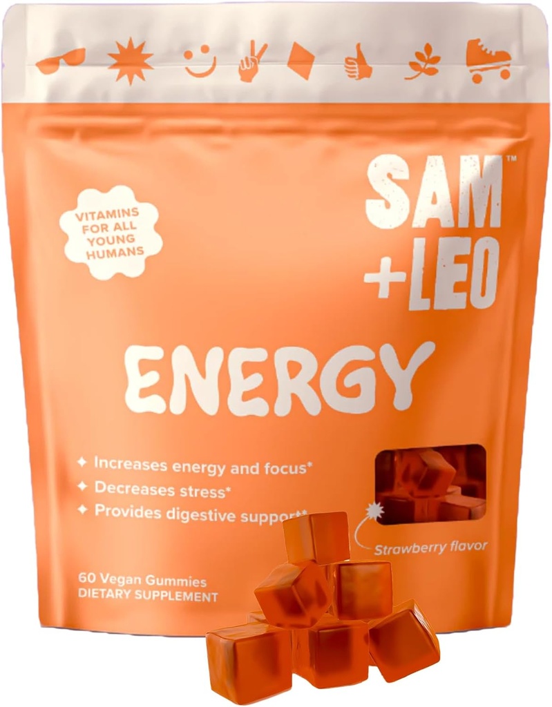SAM+LEO 儿童能源Gummys-有生物素、维生素C、B3、B6和B12-All Natural & Vegan Gummy for Energy & Focus Supplements for Kids-压力和消化支持、草莓Gummys-60/ct