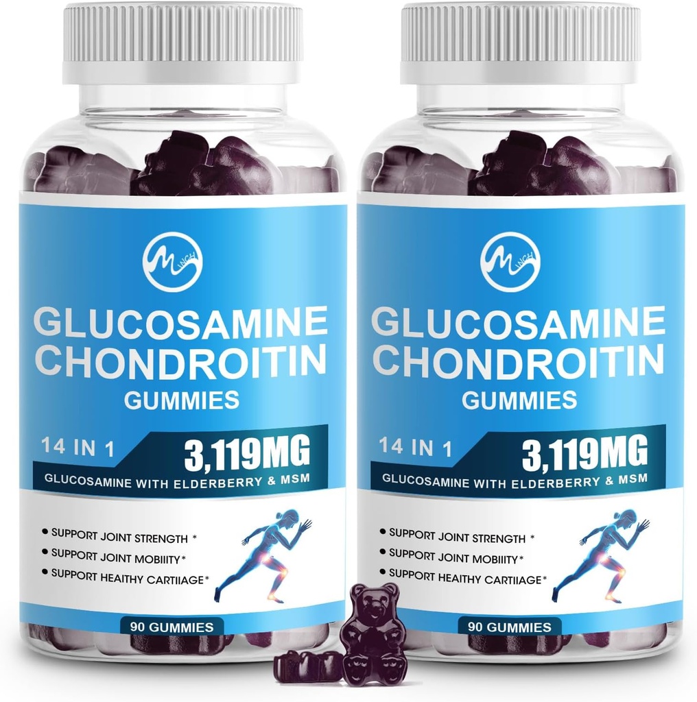Minch Glucosamine Chondroitin Gummys, 1500mg Glucosamine & 1000mg MSM 每人服务, 成人联合支助补充, 老年莓 Flavor, 45名服务员(包2)