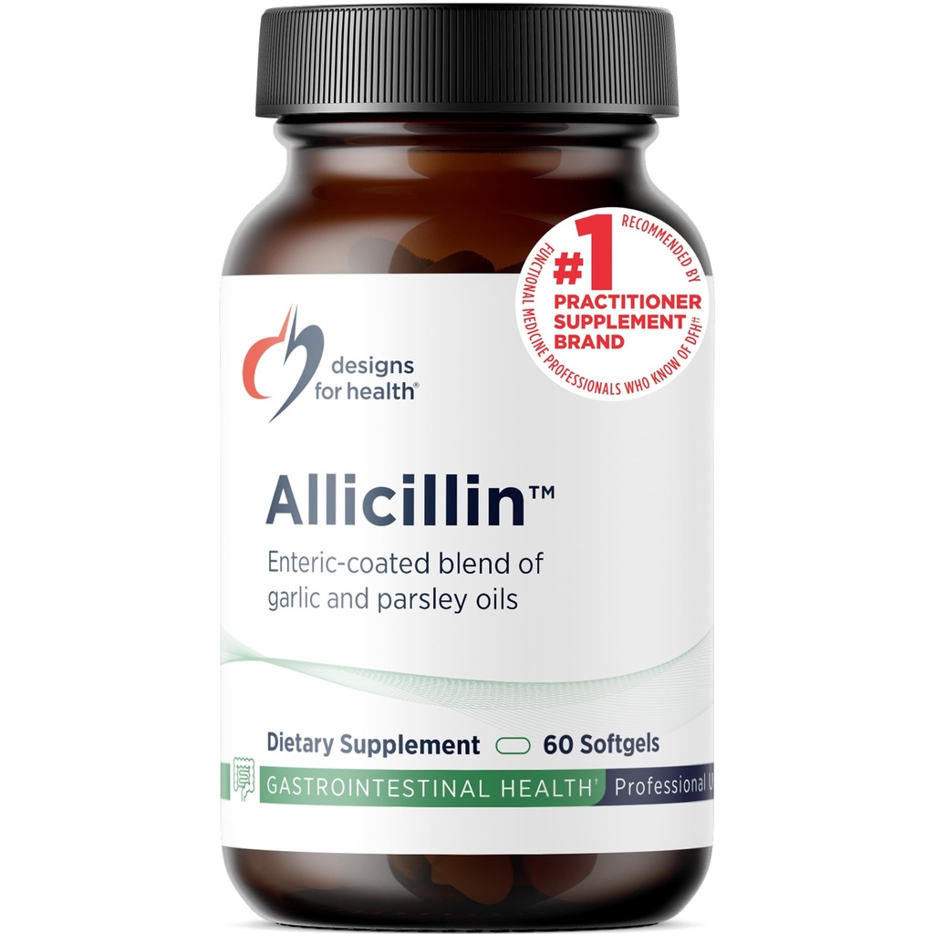 健康Allicillin的设计 - Allicin 配有200mg 大蒜油+ Parsley 油 - 配有强大硫化物的大蒜药丸 - 肠内皮合剂以帮助减少Odor, Non-GMO(60软胶)