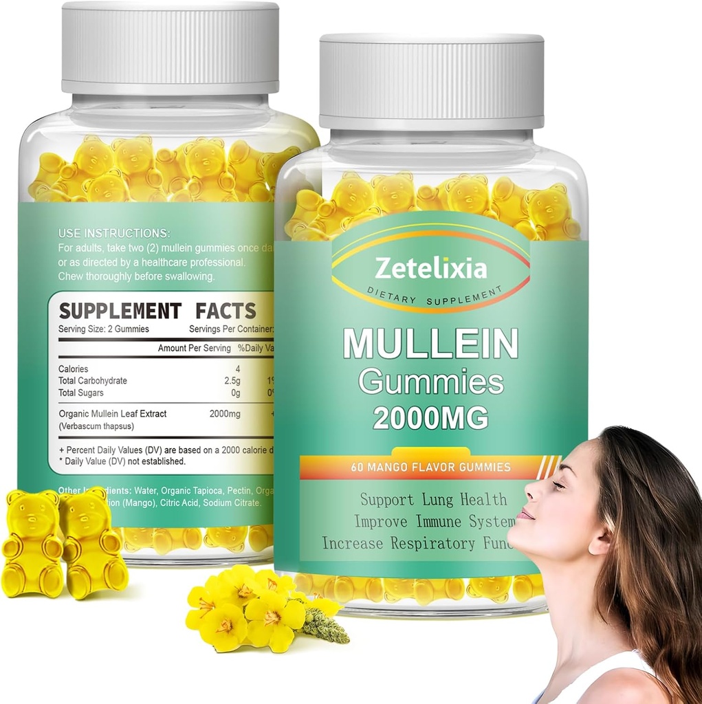 2 Pack Mullein Gummys - 肺部的Mullein叶片提取,Lung Detox cleanse for Smokes, Mullein 肺部支持补充,Mucus Relief,120 无糖 Vegan Gummys