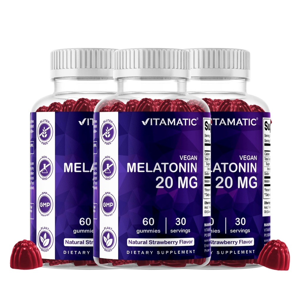 Vitamatic Melatonin 20 mg Gummies for Adults, 3, Pack, 30 Servings - 60 Vegetarian Gummies Each - Non-Habit Forming Supplement, 90 Servings 180 Vegetarian Gummies Total