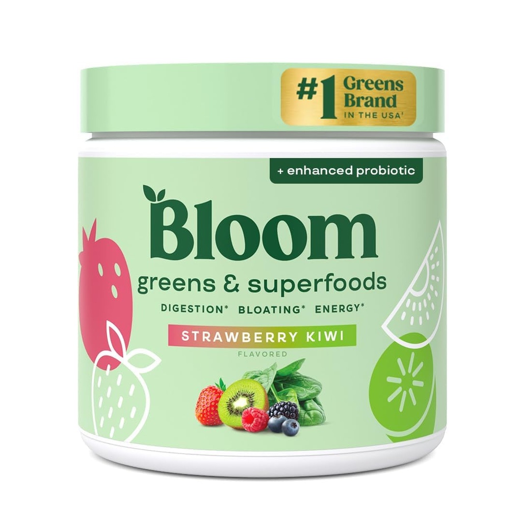 布鲁姆营养绿色和超级食品 消化健康粉 绿色粉 消化酶 Probiotics, Spiruina, Chlorella for Bloating & Gut Support, Green Juice, 30 SVG, 草莓 Kiwi