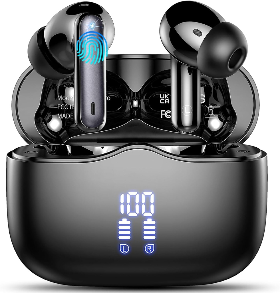 无线耳朵,蓝牙5.3 耳内耳机有4个ENC噪声取消Mic,HiFi Stereo Deep Bass Wireless Earphones 40H Playtime,内耳耳蓝牙双LED显示IP7防水,USB-C