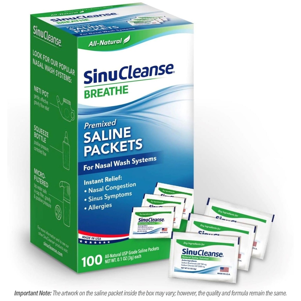 SinuCleanse Sinus Rinse和鼻腔灌溉系统预混合盐包,100 Counter,美国制造,全自然,药品级和PH平衡