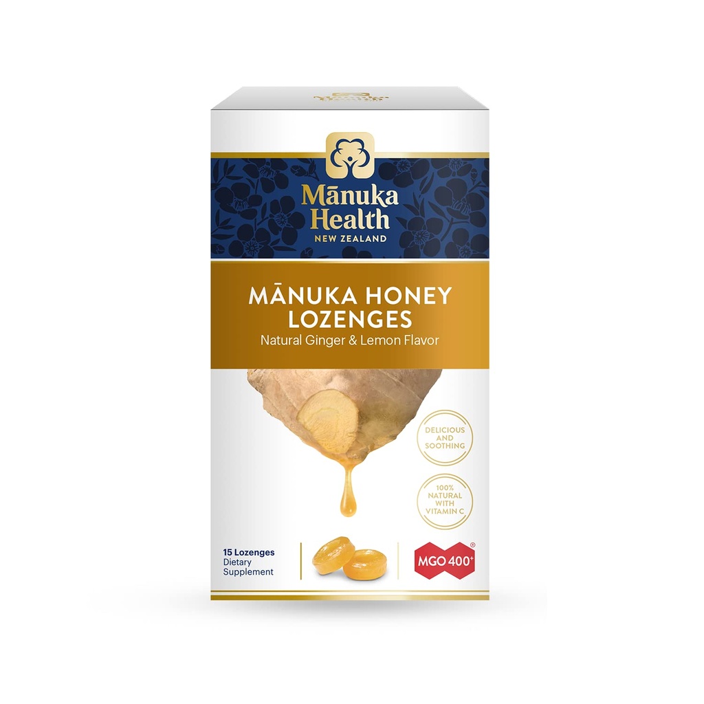 Manuka Health Manuka Honey Lozenges – 15 Lemon and Ginger Flawared Lozenges – 天然喉咙 洛宗格斯 配有Raw Manuka Honey和维生素C 支持免疫