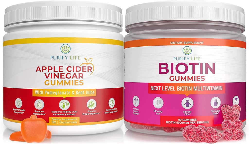 净化生活 苹果苹果醋和Biotin Bundle, 毛皮和钉子的胶片(Bulk - 90 Chews), Gut Health & Digestion, Imune Support, Detox,代谢- No Capsules, Pills, Tablets 或 Syrup