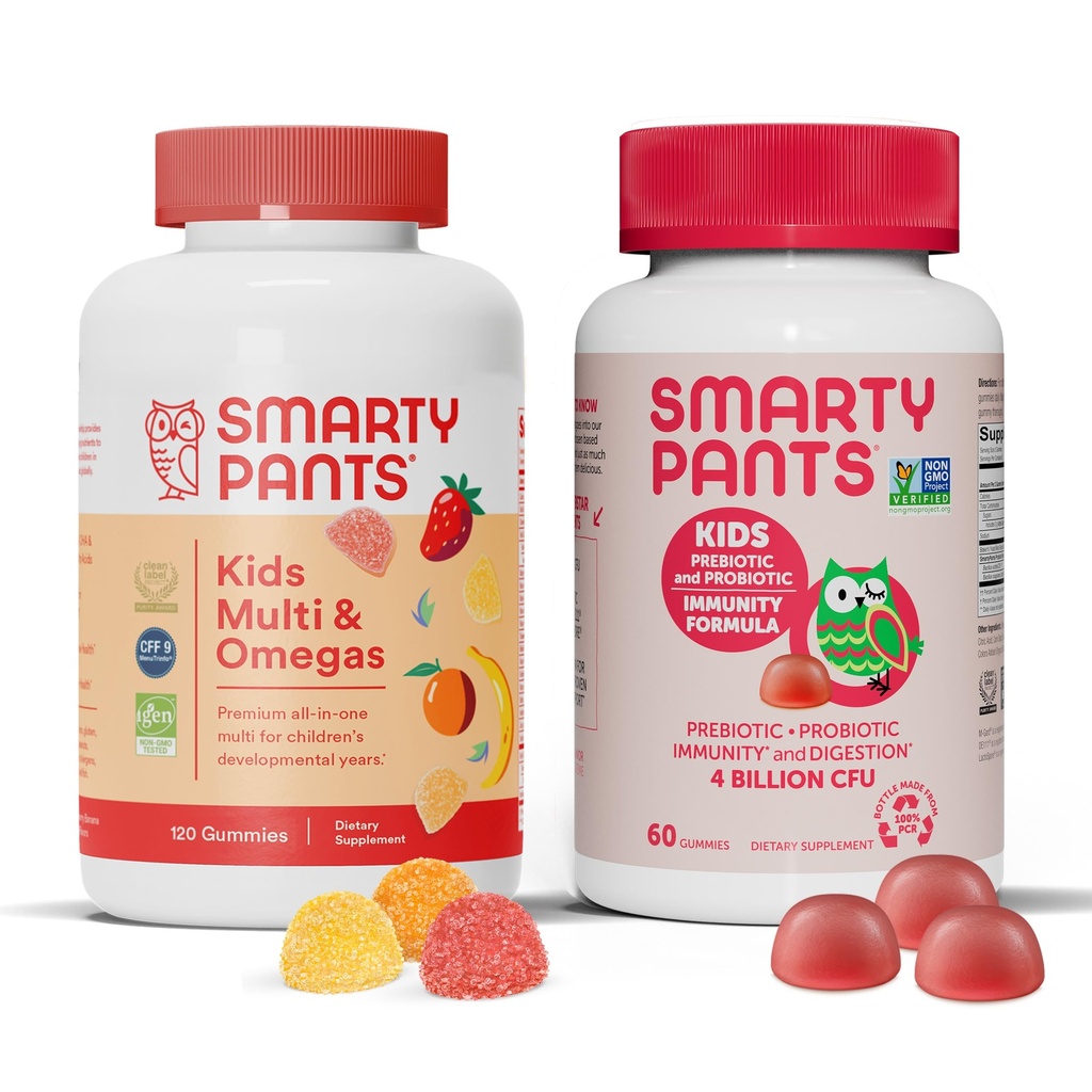 SmartyPants Kids 多维他命胶类和亲生免疫包:Omega 3 Fish Oil(EPA/DHA),维生素D3,C,维生素B12,B6,消化和免疫支助补编(30天供应)