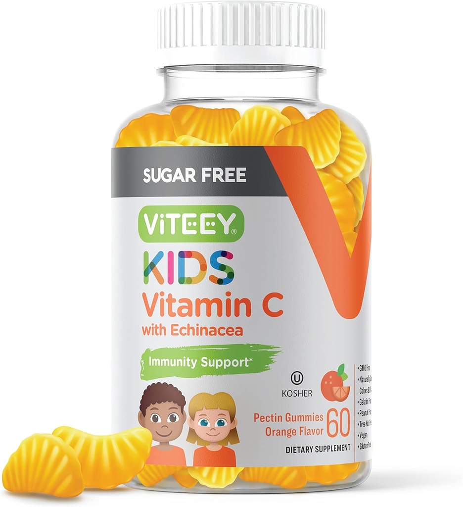 Viteey Kids Vitamin C Gummys 75mg, 配有 Echinacea - 无糖 - 对托德勒斯, & Teens的免疫支持 - Vegan, Gelatin Free, Gluten Free, GMO Free - 美味的橙色Flavored Kids 豁免Gummy.