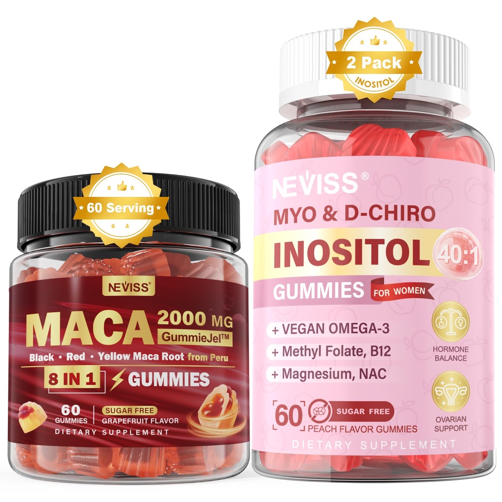 NEVISS 无糖 1Pack Maca 根 填充 Gummys & 2Pack Myo-Inositol & D-Chiro Inositol Gummys