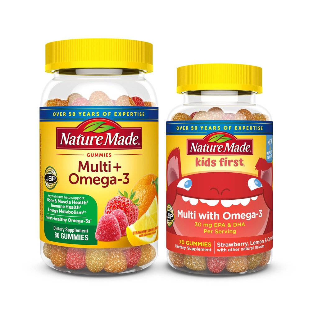 Nature Made Adult & Kids Multivitamin Gummys Combo Pack, 含有维生素C, 维生素D3, B Vitamins, Zinc, Omega 3 Fish Oil & More, 两个多维他命瓶供全家使用
