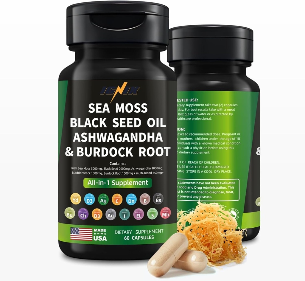 IIGNIX 饮食补充品有海苔,黑籽油,阿斯瓦甘达,和伯多克根-爱尔兰海苔3000mg,黑籽2000mg,阿斯瓦甘达1000mg,布拉德韦拉克1000mg,伯多克根1000mg.
