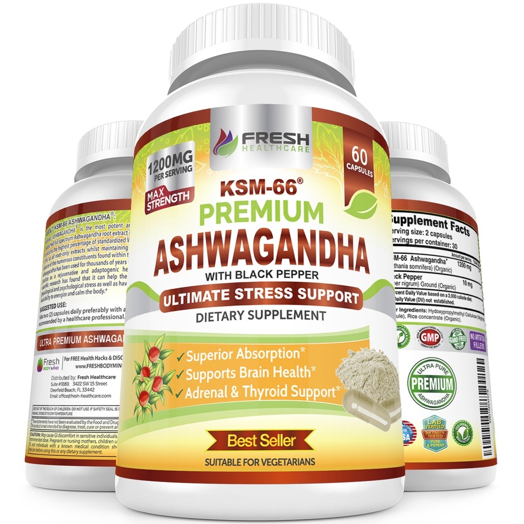 FRESH 保健 Ashwagandha Capsules KSM-66 1200mg 纯根抽取与黑辣椒用于高吸附 - Potent Ashwagandha 补充 - 60 Vegan Capsules