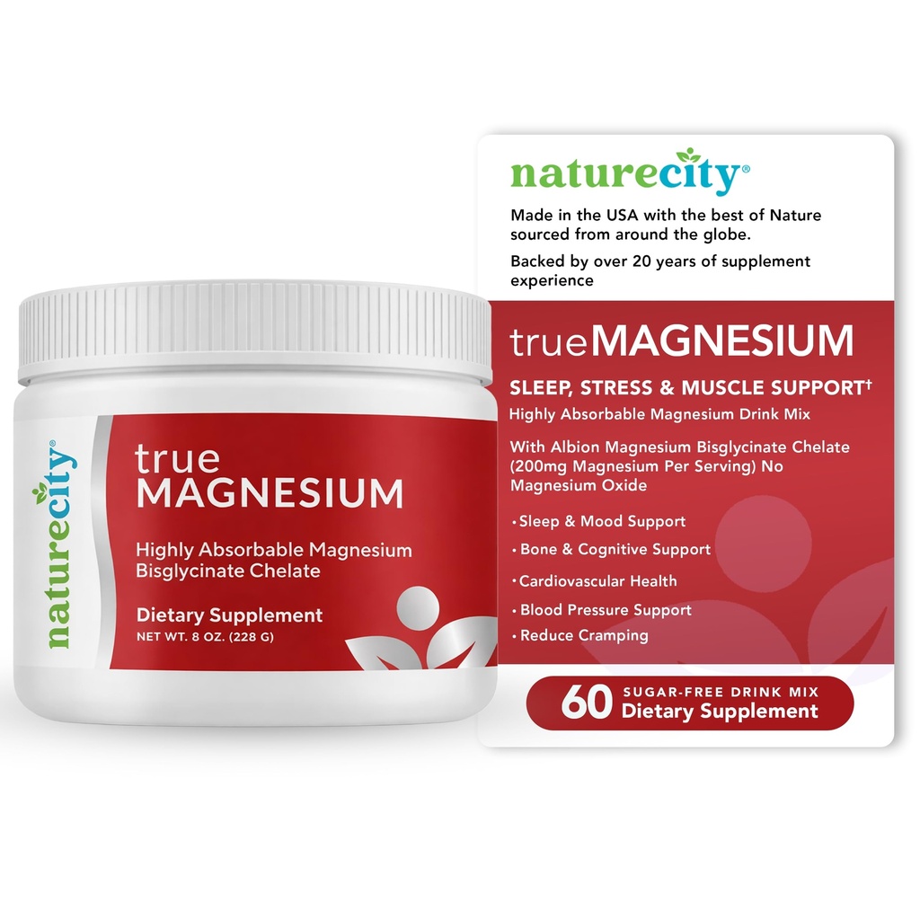 NatureCity True Magnesium 高抗腐蚀性甘油镁 Bisglycinate 粉末饮料混合剂(60种服务) - 镁补充剂用于睡眠和支持骨卫生和肌肉