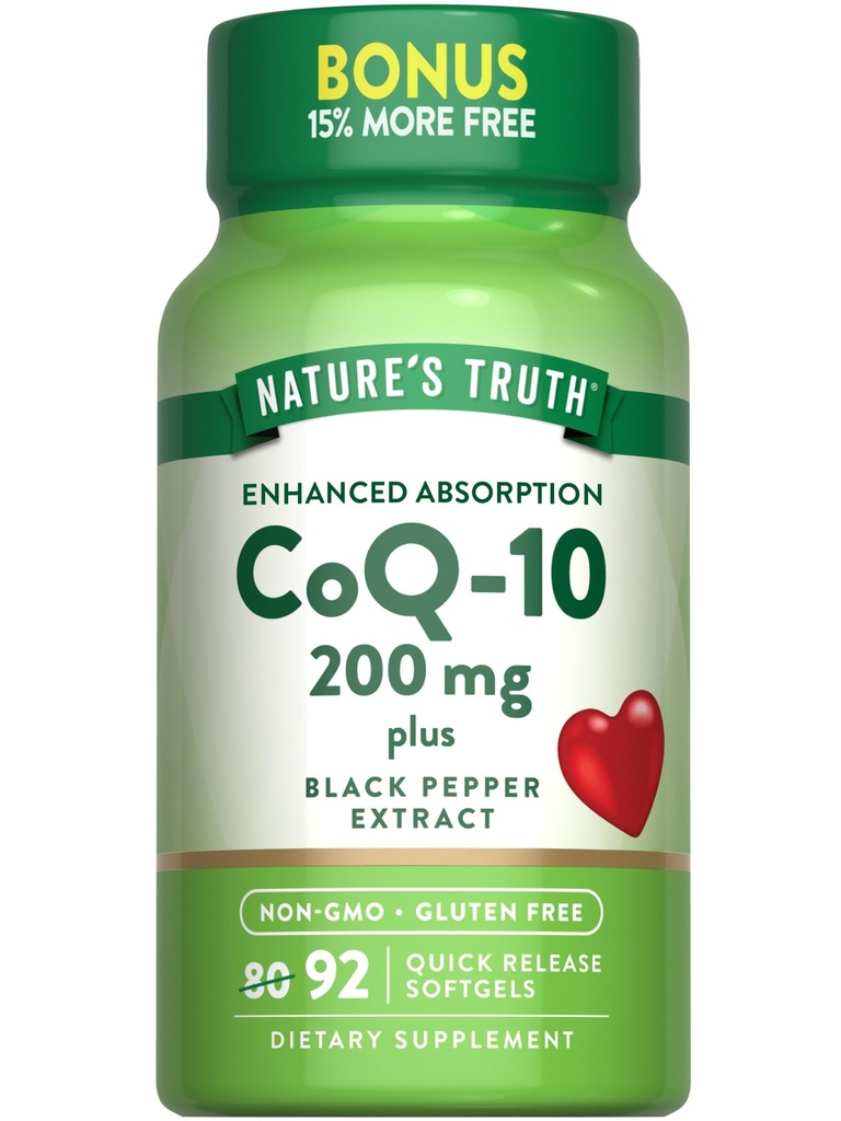 Nature's Truth CoQ10 200 mg Softgels | 92 Counter | 增强吸收 | 与 Black Pepper extract | Non-GMO & Gluten 免费补充
