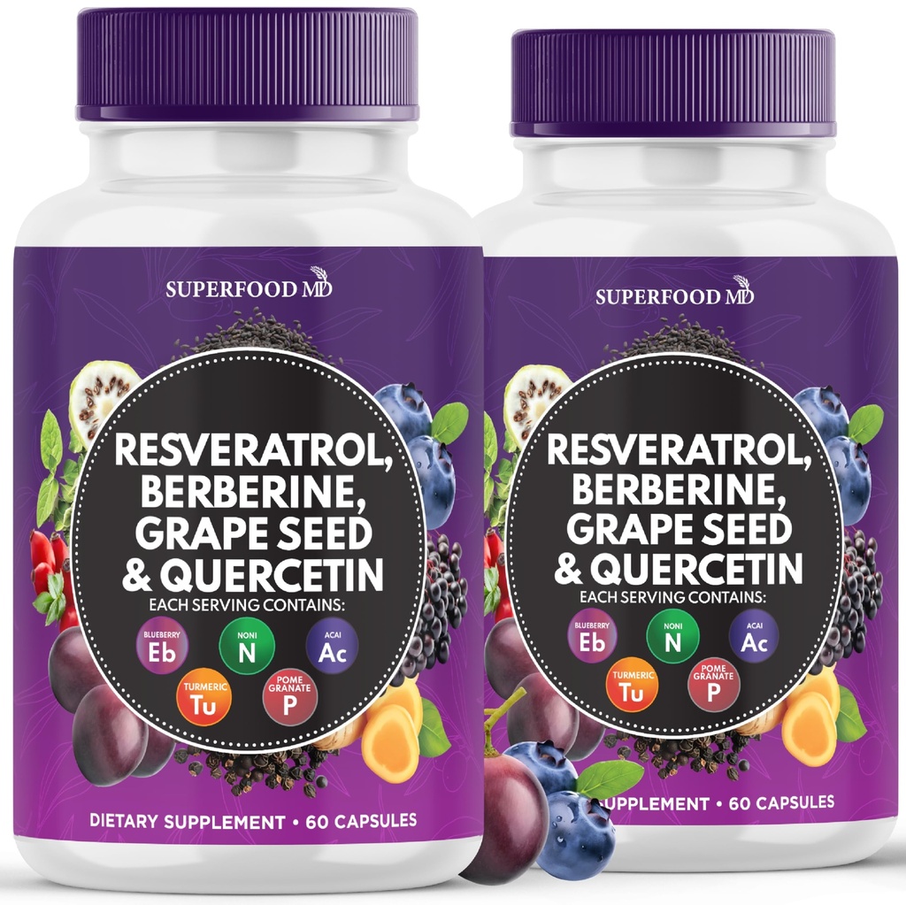 Resveratrol Berberine Grape种子提取 Quercetin - 多酚补充剂与Noni提取剂,N-乙酰Cysteine,Acai提取剂 - 美国制造 - 120 Capsules