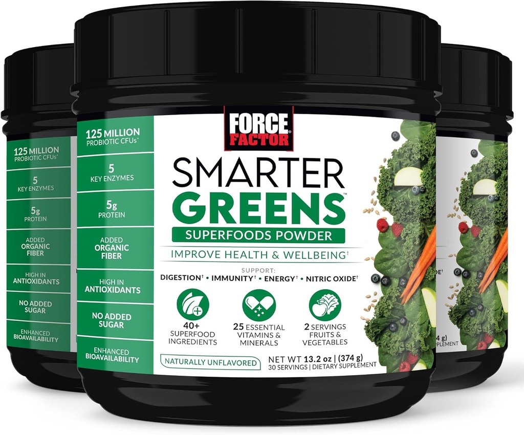 FORCE FACTOR 智能绿色超食品 粉末,3-Pack,支持文摘和布洛丁,豁免,和能源,绿化与Probiotics,消化酶,抗氧化剂,和Fiber,90服务