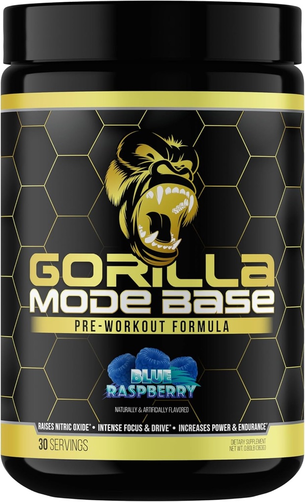 Gorilla Mind Base Pre Workingout - 提高硝基氧化物强度聚焦和驱动耐力动力 - L-Citrulline, L-Tyrosine, Betaine, Alpha-GPC, Cafeine, Huperzine A - 360 grams (蓝莓)