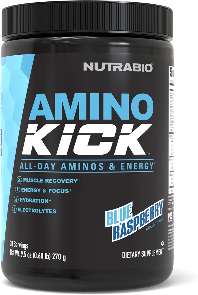 NutraBio Amino Kick – 含天然咖啡因的BCAA粉末 – 氨酸对能源,水分和回收的补充 – BCAAs,电解剂和氨基酸 – 蓝莓,30种服务