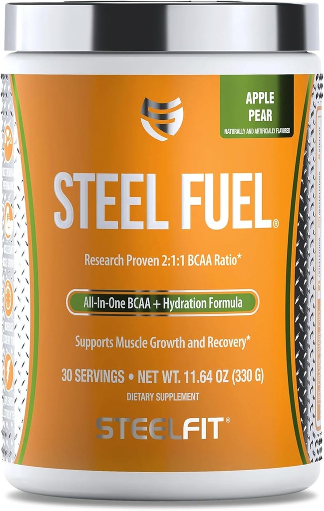Feel Fit钢燃料 5g BCAAs 氨基酸 用于室内工作以加速肌肉生长和增强耐力的粉剂 - 30种在苹果梨中的服务 - BCAA 补充电解质和回收的粉剂