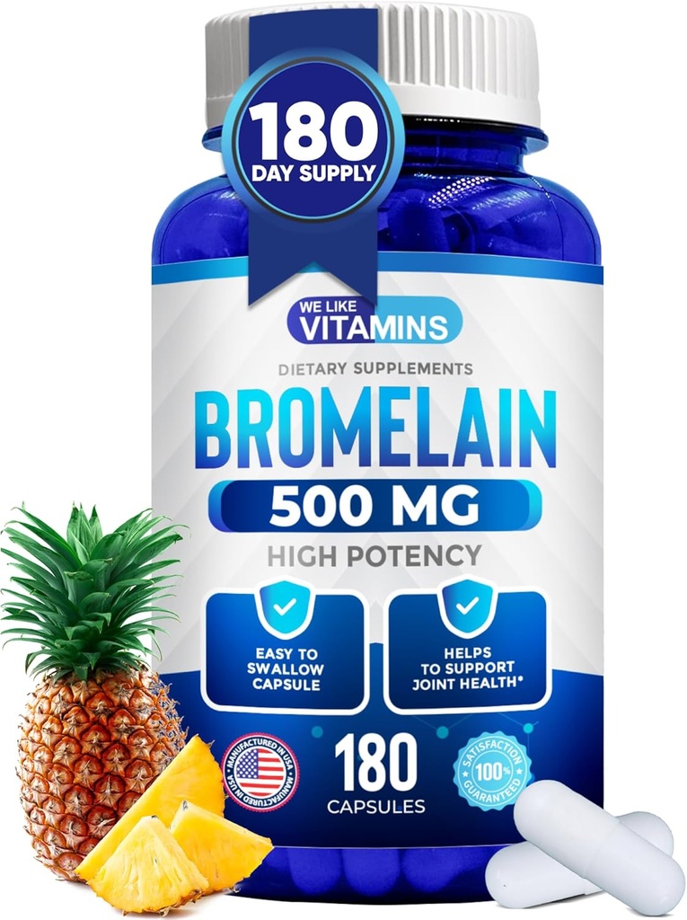 我们喜欢维生素Bromelain 500mg Capsules - 1200 GDU/Serviging - 来自Pineapple提取的溴化辅料 - 蛋白质酶用于消化,吸收,联合疼痛,肌肉疼痛 - 180 Capsules