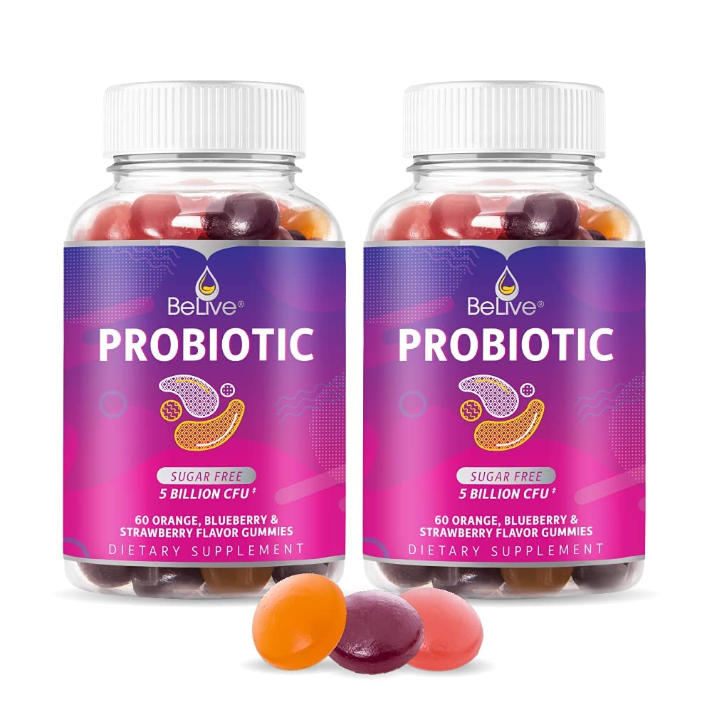 BeLive Probiotic Gummys - 配有5亿个CFU用于消化健康,男,女,儿童 Probiotic Supposes for Imune Support, Sugar Free & Vegan – 蓝莓,草莓和橘子 → 2-Pack