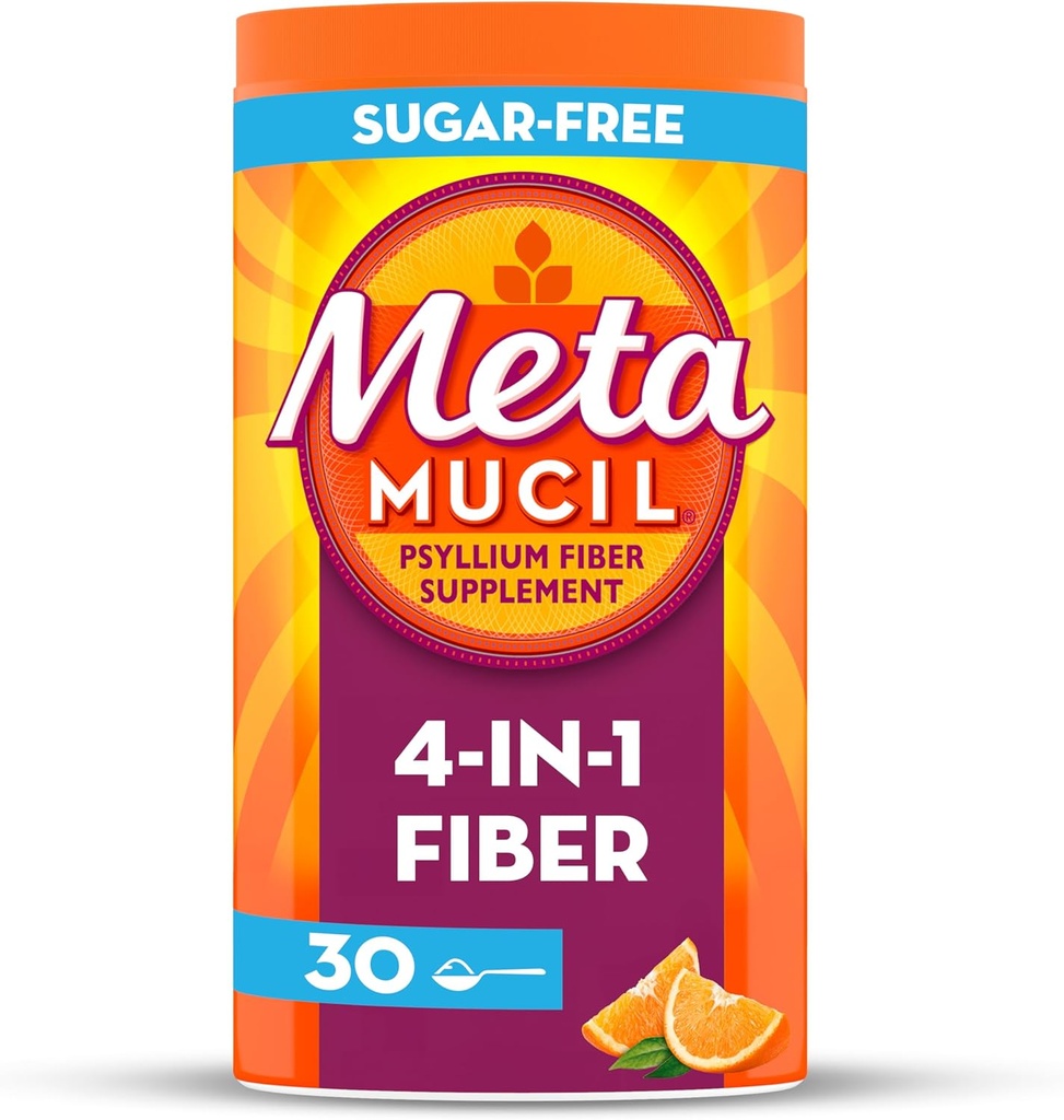 Metamucil 4 in 1 Daily Fiber Supplement Powder, Fiber Powder for 消化健康和规律*,无糖,橙色,天然来源的Psyllium Fiber,30 茶叶