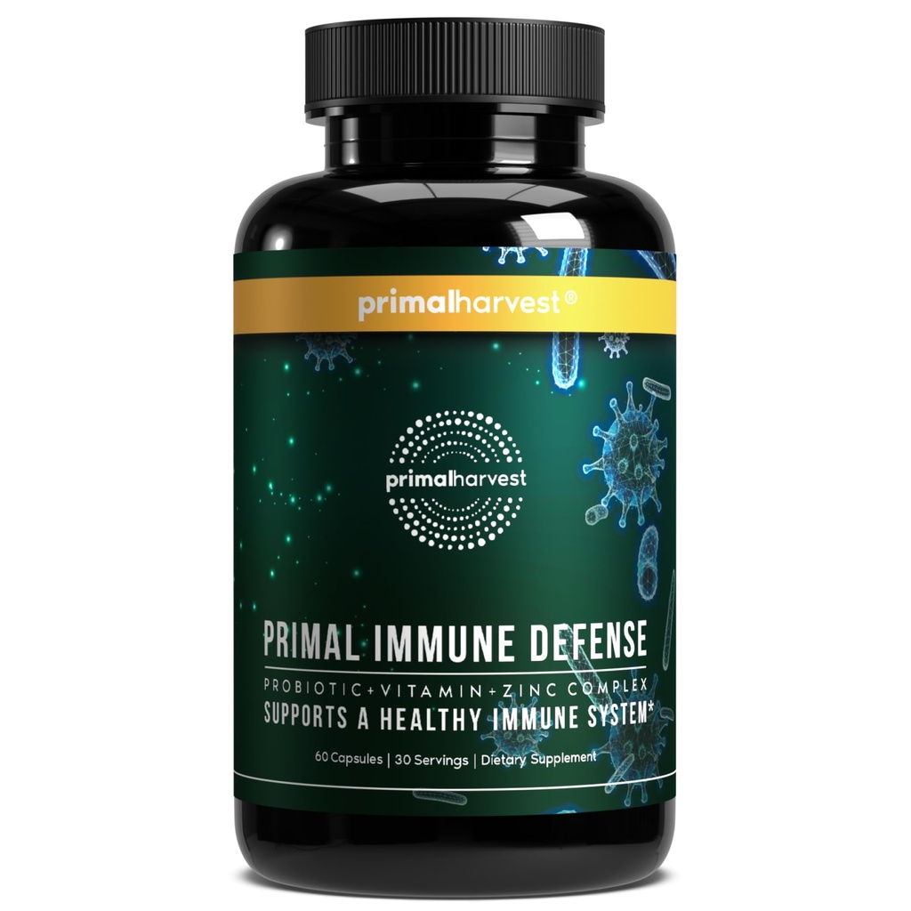 Primal Harvest Primal Imune Defense 10in-1 Imune Defense Supplement:配有7亿CFU Probiotics,锌,维生素C,B6,D3,K2 - 成人的Imune助推器 60 Capsules(1包)