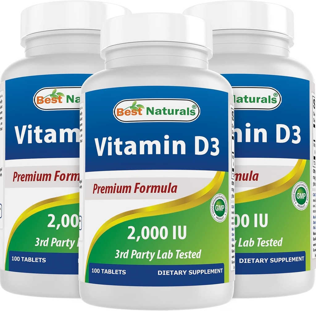 Best Naturals Vitamin D3 2000 IU(50 mcg) - 100平板电脑 - 100天供应 - 帮助支持免疫健康,强骨和牙齿,和肌肉功能(100个计数(3包))