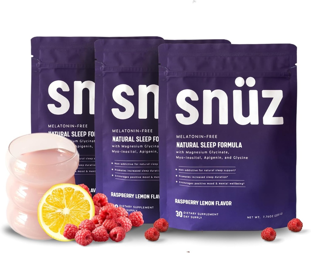 snüz 天然睡眠支持补编,配有:甘油镁、米奥-伊诺西托尔、阿皮根宁和格利辛、梅拉托宁自由、成人睡眠援助、非转基因生物、格卢滕自由、维根、拉斯贝里莱蒙弗拉沃尔、90 Svgs