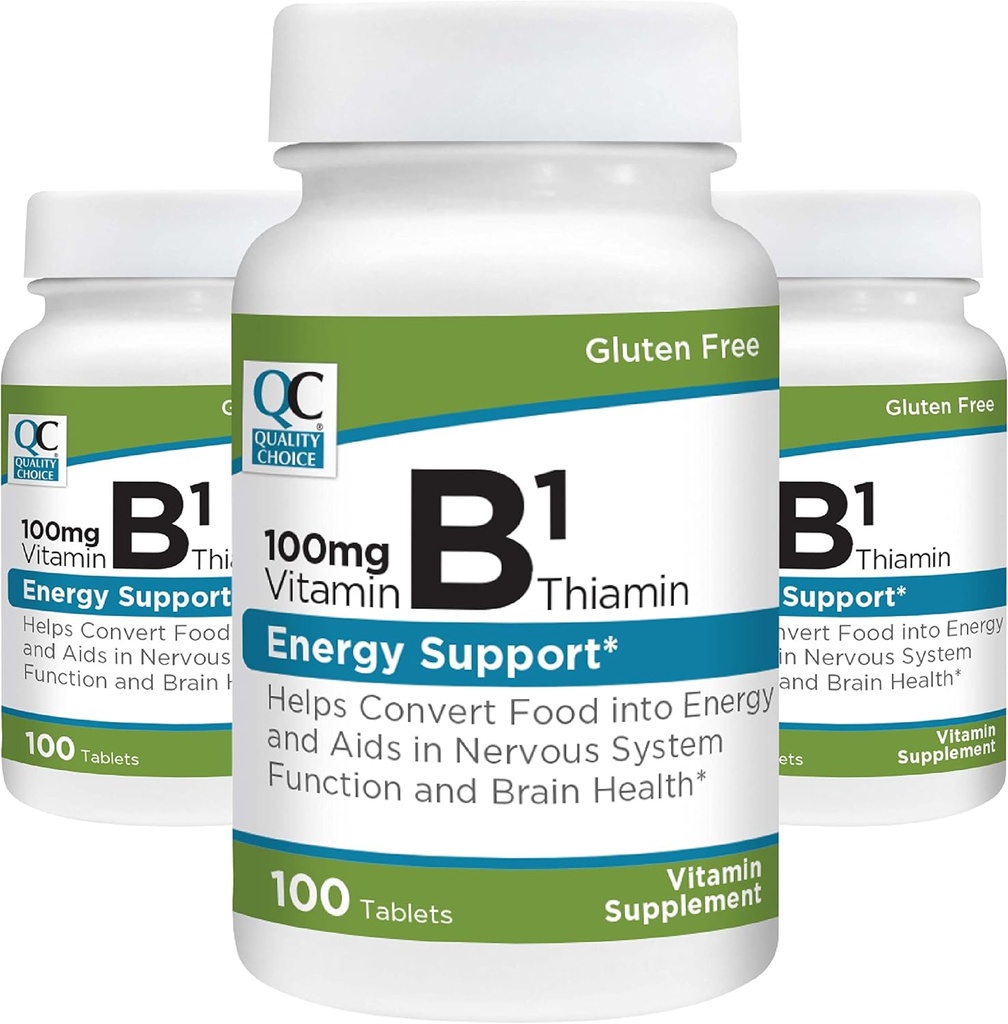 质量选择 维生素B1 Thiamin 100 mg 能量支持,神经系统功能,和脑健康 维生素补充片,100 Bottles(3 Pack)