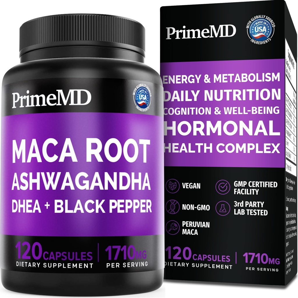 6-in-1 有机马卡根 Ashwagandha Capsules 1710mg 配有 DHEA 和 黑椒果汁 男女- 黑马卡 补充 Stamina, Bone 和 Mood 支持 补充 120 计数